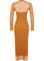 Trendyol Mustard Special Textured, Tulle Liner, Fitted Maxi Stand Collar, Flexible Knit Dress