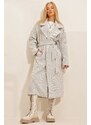 Trend Alaçatı Stili Women's Gray Double Breasted Waist Belted Herringbone Patterned Cachet Coat