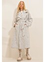 Trend Alaçatı Stili Women's Gray Double Breasted Waist Belted Herringbone Patterned Cachet Coat