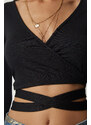 Happiness İstanbul Women's Black Lace-Up, Wrapped Collar Crop Blouse
