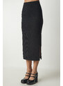 Happiness İstanbul Women's Black Slotted Corduroy Knitted Pencil Skirt