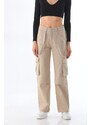 BİKELİFE Women's Beige High Waist Multi-Pocket Strap Detail Straight Fit Cargo Pants