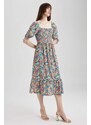 DEFACTO Square Neck Floral Balloon Sleeve Midi Short Sleeve Dress