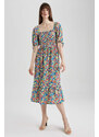 DEFACTO Square Neck Floral Balloon Sleeve Midi Short Sleeve Dress