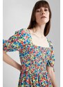 DEFACTO Square Neck Floral Balloon Sleeve Midi Short Sleeve Dress