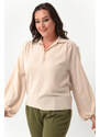 Lafaba Women's Beige Long Sleeved Plus Size Blouse with Necklace