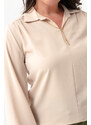 Lafaba Women's Beige Long Sleeved Plus Size Blouse with Necklace