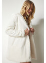 Happiness İstanbul Ženy Ecru Hooded Oversize Furry Plyšový kabát