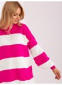 Fashionhunters Fuchsiový a ecru volný, pruhovaný pletený svetr