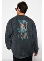 Trendyol Anthracite Oversize/Wide Cut 100% Cotton Faded Effect Mystical Themed Sweatshirt