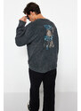 Trendyol Anthracite Oversize/Wide Cut 100% Cotton Faded Effect Mystical Themed Sweatshirt