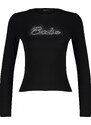 Trendyol Black Shiny Stone Print Cotton Fitted/Sleeping Crop Knitted Blouse