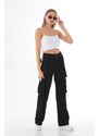 BİKELİFE Women's Black High Waist Multi Pockets Strap Detail Straight Fit Cargo Pants