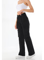 BİKELİFE Women's Black High Waist Multi Pockets Strap Detail Straight Fit Cargo Pants