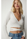 Happiness İstanbul Women's Ecru Crop Blouse with a Plunging Wrapped Collar