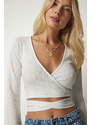 Happiness İstanbul Women's Ecru Crop Blouse with a Plunging Wrapped Collar