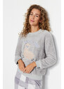 Trendyol Gray Wellsoft Lama Pattern T-shirt-Pants and Knitted Pajamas Set