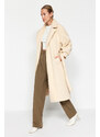 Trendyol Oversized Ecru Oversized Wide-Cut Belted Balloon Sleeve Detail Long Stamped Coat