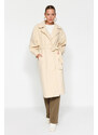 Trendyol Oversized Ecru Oversized Wide-Cut Belted Balloon Sleeve Detail Long Stamped Coat