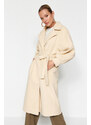 Trendyol Oversized Ecru Oversized Wide-Cut Belted Balloon Sleeve Detail Long Stamped Coat