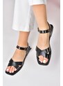 Fox Shoes Women's Black Genuine Leather Cross-Blade Daily Sandals