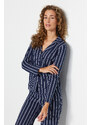 Trendyol Indigo 100% Cotton Striped Shirt-Pants Knitted Pajamas Set