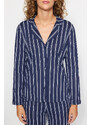 Trendyol Indigo 100% Cotton Striped Shirt-Pants Knitted Pajamas Set