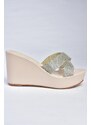 Fox Shoes P572282109 Women's Beige Stone Detailed Wedge Heels Women's Slippers