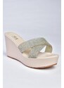 Fox Shoes P572282109 Women's Beige Stone Detailed Wedge Heels Women's Slippers