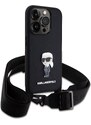 Ochranný kryt s crossbody popruhem pro iPhone 15 Pro - Karl Lagerfeld, Saffiano Metal Ikonik Black