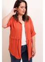 By Saygı Belted Waist and Front Buttoned Plus Size Ayrobin Tunic Shirt