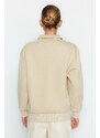 Trendyol Stone Zipper Collar Embroidery Detail Regular Fit Knitted Sweatshirt with Fleece Inside