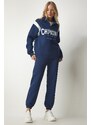 Happiness İstanbul Women's Navy Blue Zippered Collar Printed Raspberry Tracksuit Set