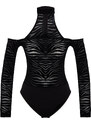 Trendyol Black Animal Pattern Knitted Flock Printed Tulle Bodysuit