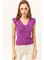 Olalook Women's Purple Shoulder And Skirt Detailed Front Back V Knitwear Blouse