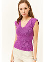 Olalook Women's Purple Shoulder And Skirt Detailed Front Back V Knitwear Blouse