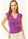 Olalook Women's Purple Shoulder And Skirt Detailed Front Back V Knitwear Blouse