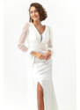 Lafaba Women's White V-Neck Sleeves Stoned Slit Long Evening Dress