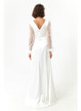 Lafaba Women's White V-Neck Sleeves Stoned Slit Long Evening Dress