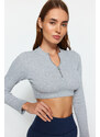 Trendyol Gray Melange Ribbed and Zipper Detail Yoga Knitted Sports Top/Blouse