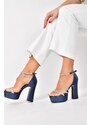 Fox Shoes Navy Blue Glitter Platform Chunky Heel Women's Evening Dress Shoes