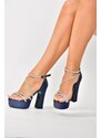 Fox Shoes Navy Blue Glitter Platform Chunky Heel Women's Evening Dress Shoes