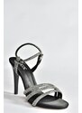 Fox Shoes Black Satin Fabric Stone Thin Heels Women's Evening Dress Shoes