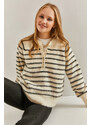 Bianco Lucci Dámský vyvýšený pruhovaný pletený svetr s 11 knoflíky