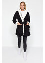 Trendyol Black Belted Pocket Slogan Embroidered Wellsoft Knitted Dressing Gown