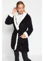 Trendyol Black Belted Pocket Slogan Embroidered Wellsoft Knitted Dressing Gown