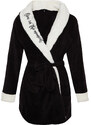 Trendyol Black Belted Pocket Slogan Embroidered Wellsoft Knitted Dressing Gown