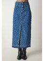 Happiness İstanbul Women's Blue Slit and Tasseled Denim Skirt