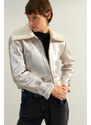 Trendyol Silver Regular Crop Plyšový kabát se zapínáním na zip