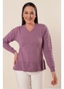 By Saygı Lilac V-Neck rukávy Vzorovaný akrylový svetr nadměrné velikosti s bočními rozparky